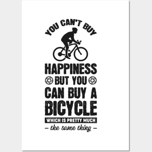 You can't buy happiness but you can buy a bicycle - Simple Black and White Cycling Quotes Sayings Funny Meme Sarcastic Satire Hilarious Cycling Quotes Sayings Posters and Art